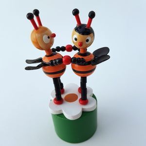 2 Bees Dancing Thumb Puppet Wood Collapsible Push Button Boogie Bugs VTG 4.5"